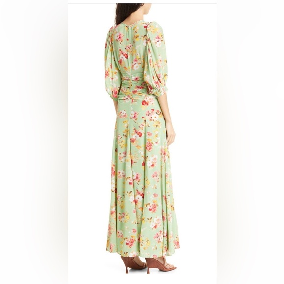 ByTimo Satin Green Bouquet Floral Print Ruched Gown - Picture 3 of 10